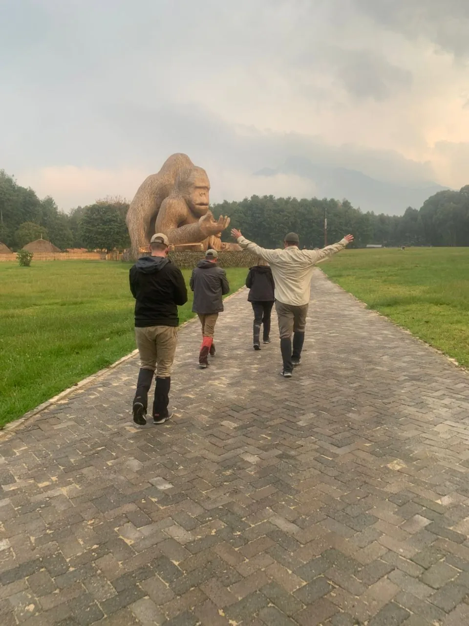 Arriving at the gorilla statue in Musanze before the trek into Volcanoes National Park